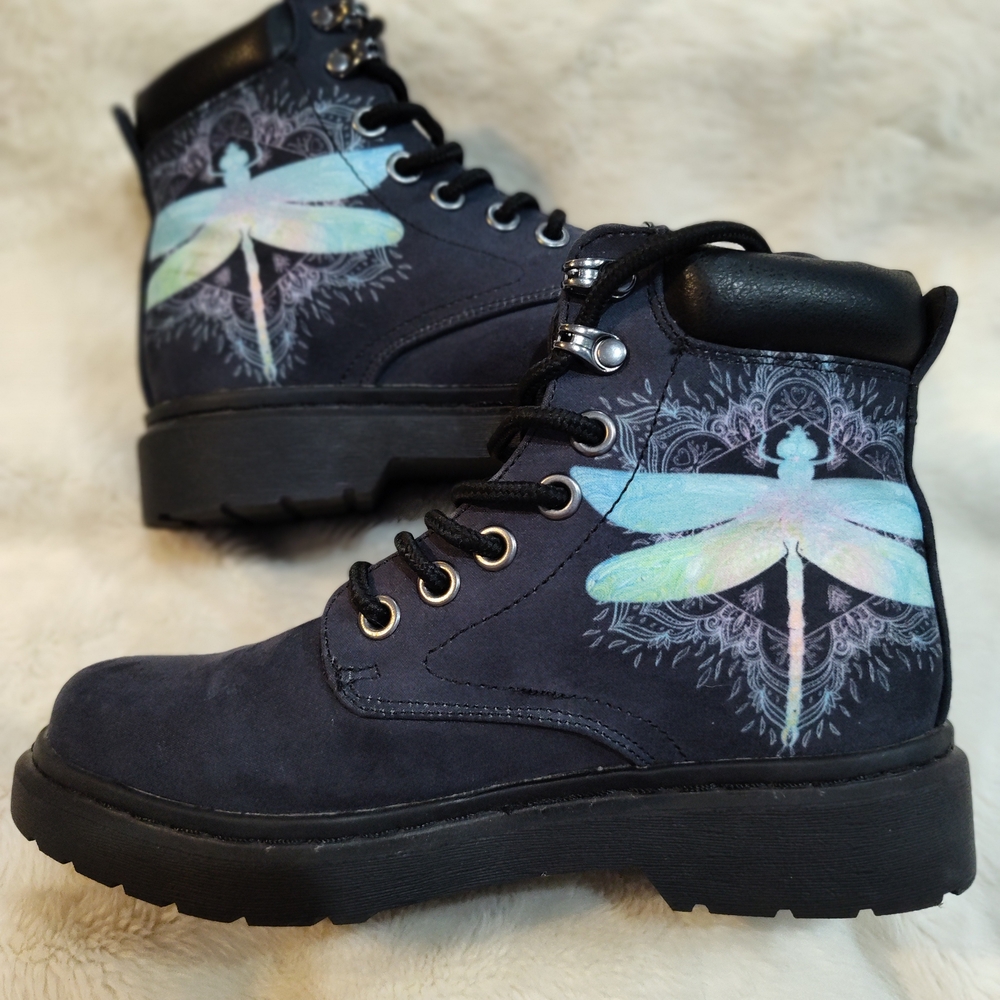 Black Dragonfly Print Ankle Boots